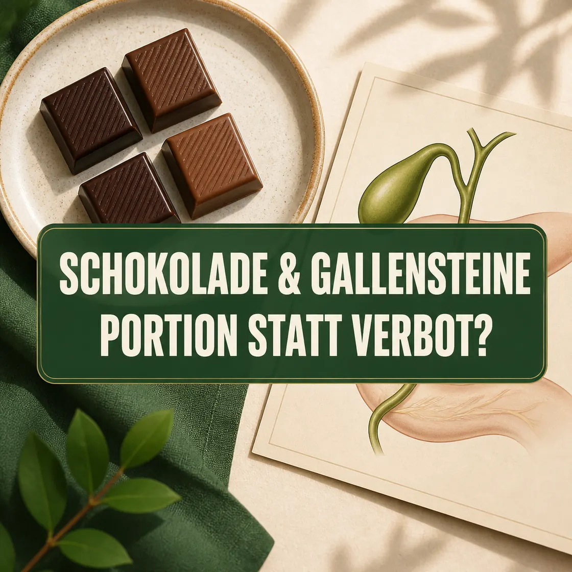 Schokolade bei Gallensteinen – kleine Schokoladenportion neben einer sachlichen Gallenblasenillustration.