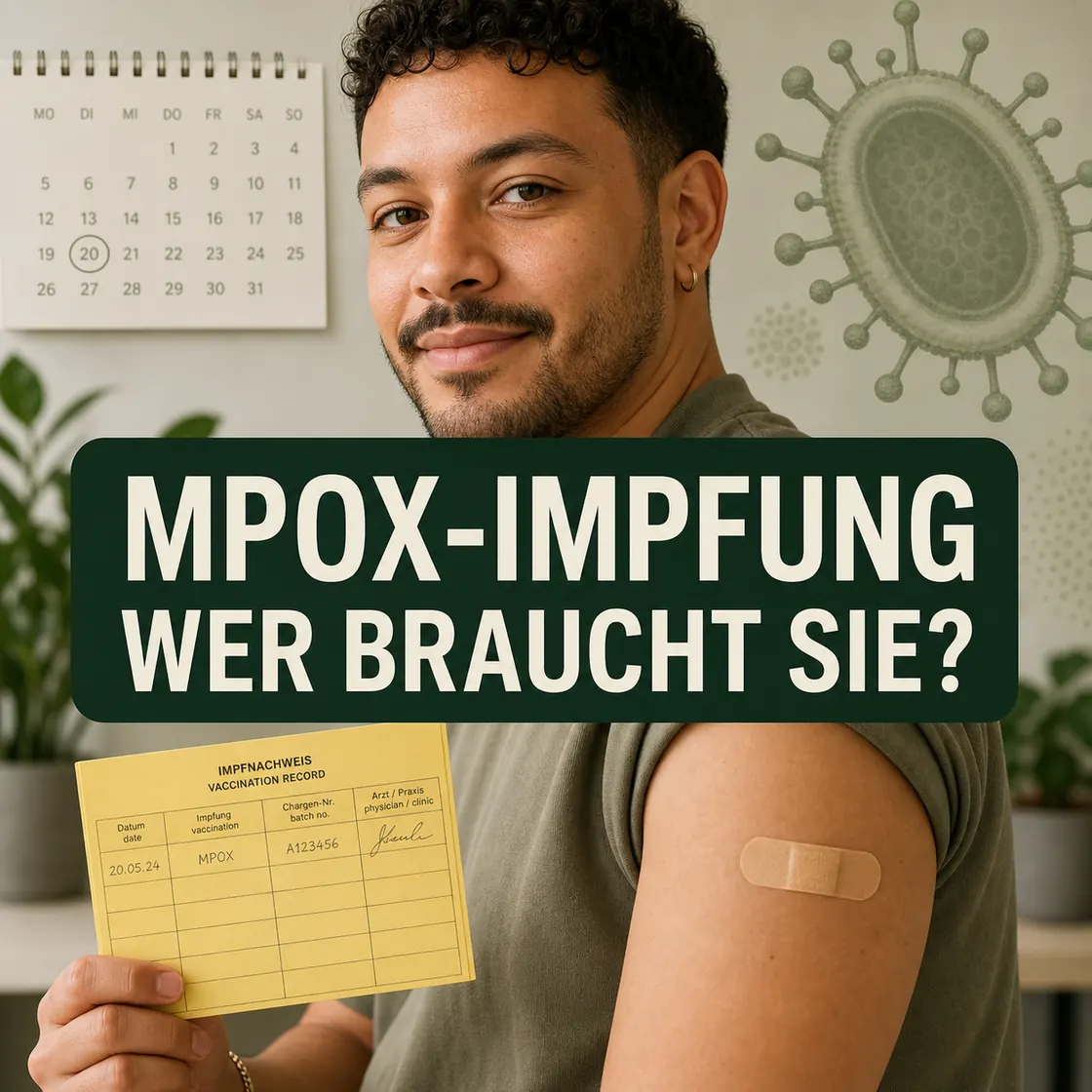 Virus Affenpocken Impfung – geimpfter Erwachsener mit Impfpass, Pflaster und sachlichem Orthopockenmotiv.