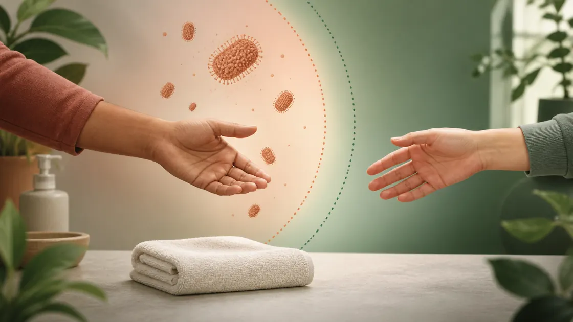 Virus Affenpocken Impfung – zwei Hände, ein Handtuch und eine visuelle Grenze für enge Kontaktübertragung.